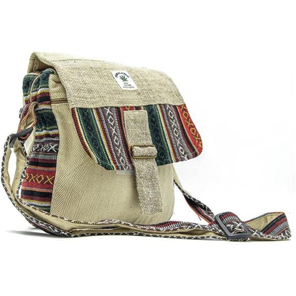 Trendy Large Himalayan Hemp Handmade Boho Shoulder Bag, White, Multi Coloured